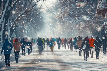 Winter Racewalking Event: Athletes Braving Cold Snowy Weather in a Dramatic Landscape