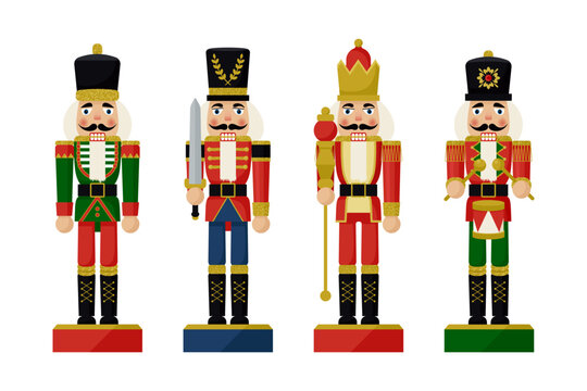 Set of Christmas Nutcracker toys soldier traditional figurine. Flat Vector illustration