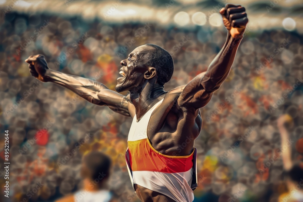 Poster determined steeplechase runner crossing finish line with joyful crowd in background