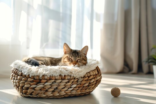 A cat resting in a woven basket bed on the floor. Generative AI.