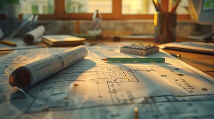 Close-up of architectural blueprints, house and apartment project, real estate concept. Generative AI.