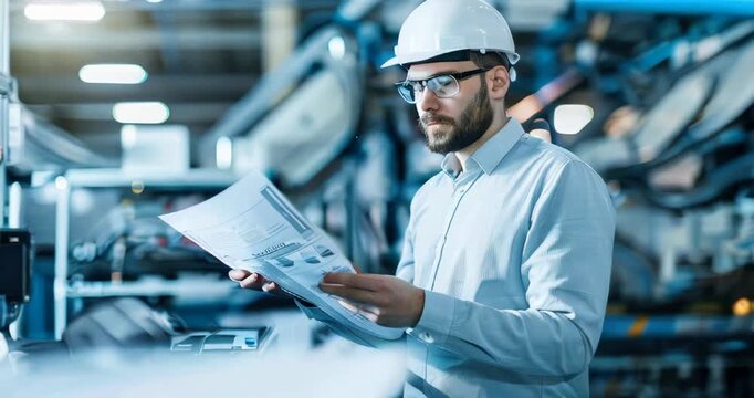 Engineer analyzing blueprints and data in front of an active battery pack assembly line. Battery Pack Manufacturing Process