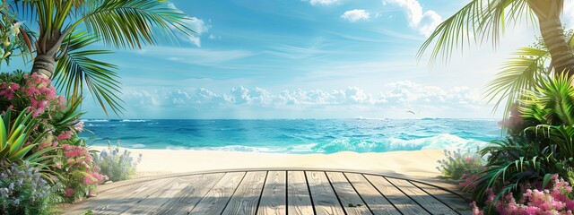 Beach podium summer background. beach summer background 3d