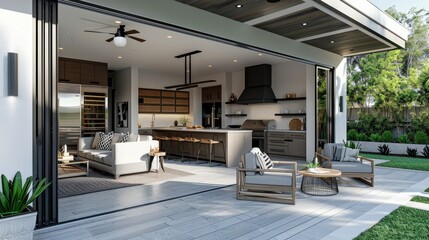 Fototapeta premium Outdoor patio with open kitchen and sliding doors