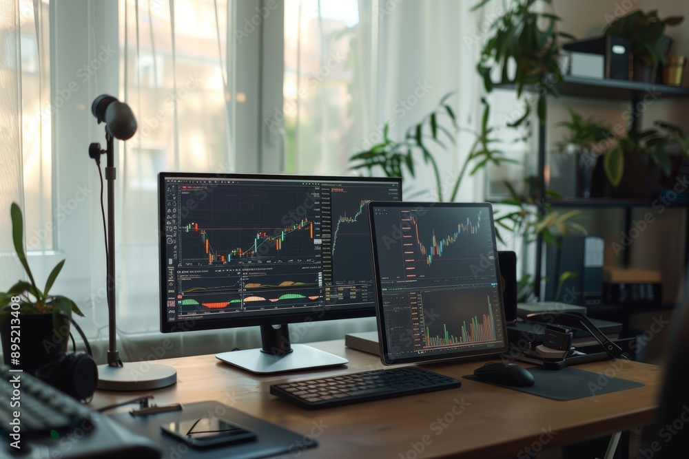 Aufkleber sophisticated minimalist home office with trader monitoring cryptocurrency markets on tablet and mon