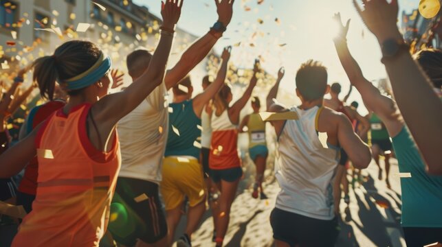 Excited Marathon Runners Cheering at the Start Line, Unity and Excitement in the Air - Powered by Adobe
