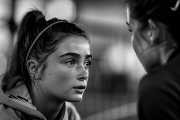 Strong Mentorship Bond of a Young Female Athlete and Coach in Training Session, Black and White Photography