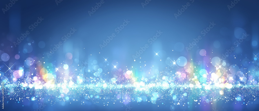 Aufkleber image shows a sparkling light background with a bokeh effect in various colors on a blue background,