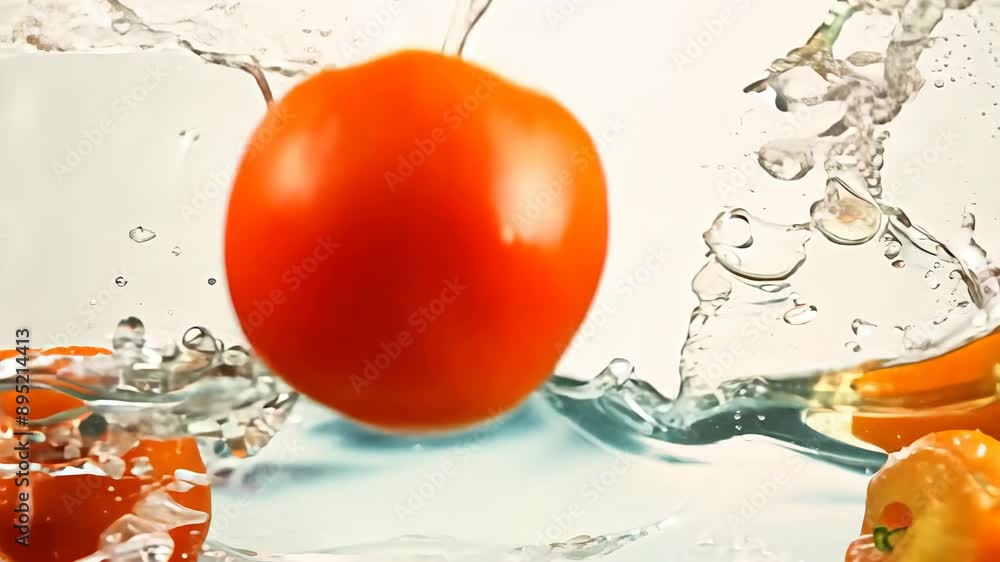 Poster red tomatoes fall into the water, creating a splash and splash on a light background.