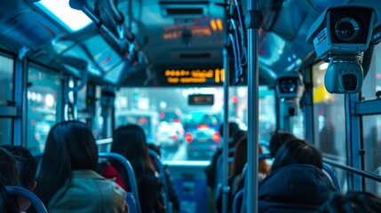 Public Bus Interior with Surveillance Cameras and Passengers in Motion - Urban Safety Concept