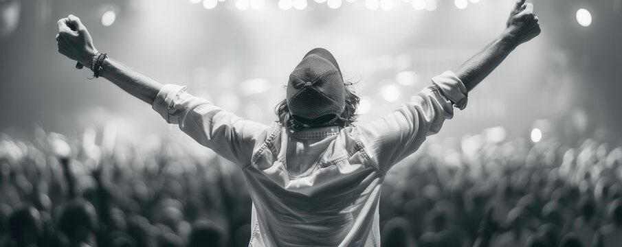 A lead singer on stage with realistic microphone, intense lighting, and a crowd in the background, Photorealistic, Sharp focus, High contrast, Electrifying atmosphere