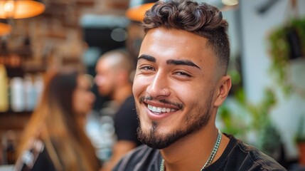A handsome man with a beard and a bright smile is seated at a hairdresser's shop. The background includes blurred people and salon decor.
