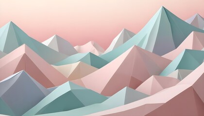 A 3D rendered, abstract, landscape of pastel-colored, geometric mountains against a pink background.