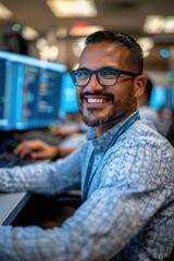 Obraz premium Happy IT Specialist at Work: Capturing the Joy of a Tech Professional