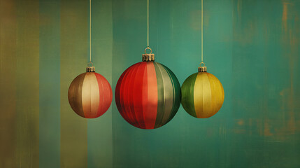 Trio of Christmas Ornaments with Striped Background on Teal