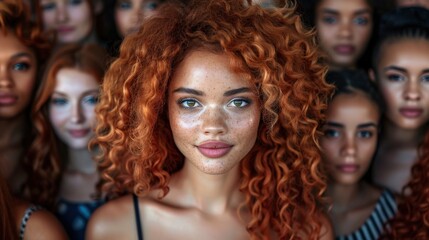 Fototapeta premium A diverse group of beautiful women with natural beauty, showcasing different hairstyles and skin tones, all with a vibrant, confident expression.