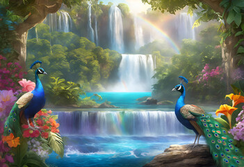 Peacocks in tropical waterfall oasis with rainbows and bokeh effects, nature background	