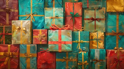 Colorful Christmas Presents Stacked and Wrapped in Teal, Red and Gold