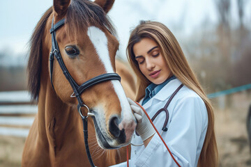 A woman in a white lab coat is examining a horse