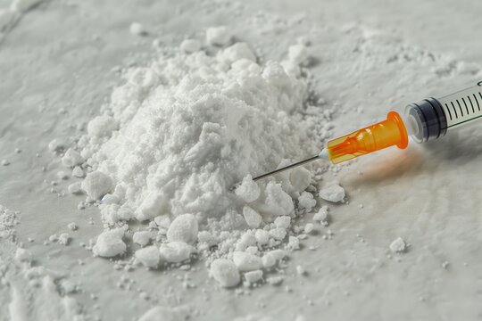 Prescription drugs narcotics fentanyl or heroin and a syringe	
