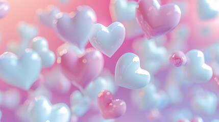 3d pink glossy hearts on pink background, romantic and Valentine backdrop. Generative AI.