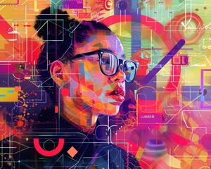 Diverse digital art  ai designer with tech symbols and abstract shapes, embodying innovation