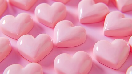 Obraz premium 3d pink glossy hearts on pink background, romantic and Valentine backdrop. Generative AI.