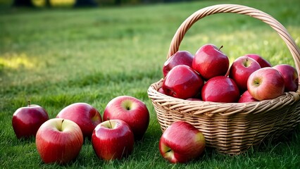 Red Apples in a Basket on Green Grass.