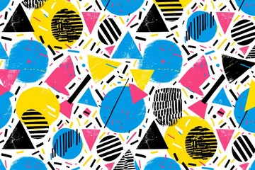 This is a Memphis design seamless pattern in 80's, 90's style, with geometric minimalist figure shapes on a white background.