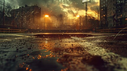 A digital illustration of a baseball field at dusk, showing a dramatic sky, stadium lights, and empty stands. Rain has created puddles on the ground, adding to the moody atmosphere.