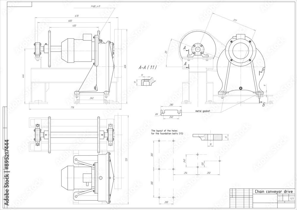 Wall mural assembly drawing of reducer. vector working drawing of steel mechanical device with shaft, gear, ele