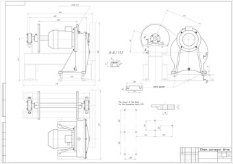 Assembly drawing of reducer. Vector working drawing of steel mechanical device with shaft, gear, 
electric engine, bolted connection and dimension lines. Engineering cad scheme. Technical template. 