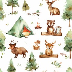 Naklejka premium Watercolor illustration of woodland animals on seamless background