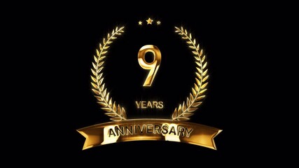 9th Anniversary Celebration. Happy 9 Years Anniversary Animation in Gold Color on the Transparent Background, Alpha Channel. Great for greetings, celebrations, events, and gifts.