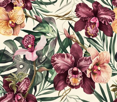 Floral wallpaper with orchids and monstera, assorted tropical flowers and leaves, isolated on pink background