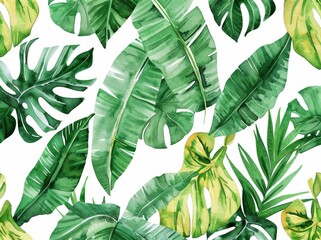 Tree, banana, palm leaves watercolor painting seamless pattern on white background. Hand drawn tropical exotic leaf prints for wallpaper, textile Hawaii aloha jungle pattern.