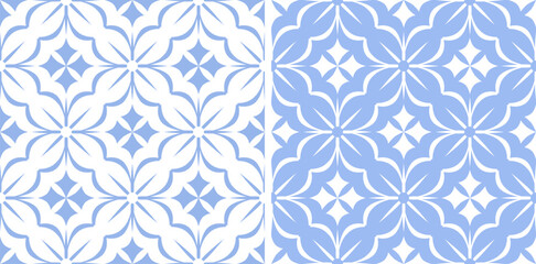 Set of Seamless Geometric Diagonal Checked Light Blue and White Patterns. 