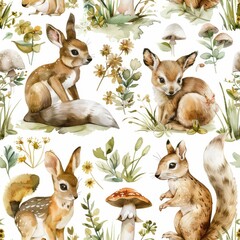 Obraz premium Animated woodland animals watercolor forest illustration by baby seamless pattern