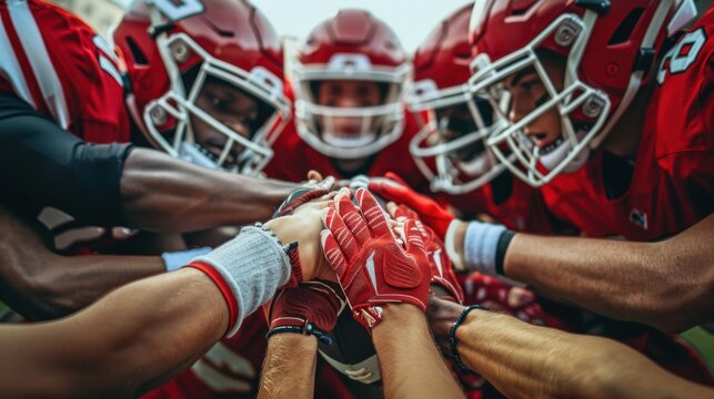 A group of high school football players in red uniforms huddle together in a show of team unity, placing their hands on top of each other's.