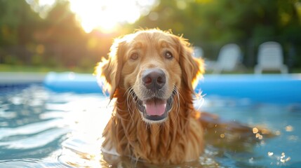 A happy golden retriever enjoys a swim in a pool during a bright summer day in the countryside. The dog looks cheerful, surrounded by greenery and sunlight.