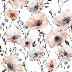 Watercolor background with different wild flowers on a meadow. Ideal for textiles, fabric, and wallpaper.