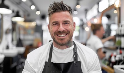 Obraz premium Joyful Barber at Work: Capturing the Happiness in a Barber Shop