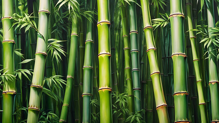 Fototapeta premium Tall tropical bamboo wall mural painted art. Generative AI