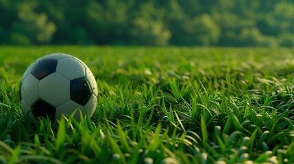 A soccer ball on the grass, with a blurred background of green fields and trees. The sunlight shines through the leaves onto the football field