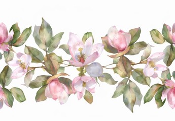 Obraz premium Seamless watercolor border with pink roses, buds, eucalyptus leaves, and a transparent background. Use for wedding stationery, card prints, textiles.