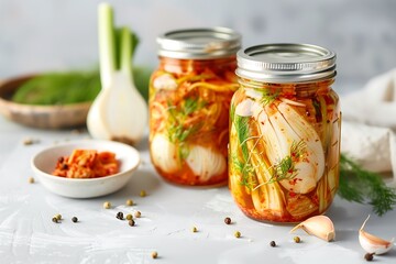 Glass jars filled with kimchi and pickled fennel.