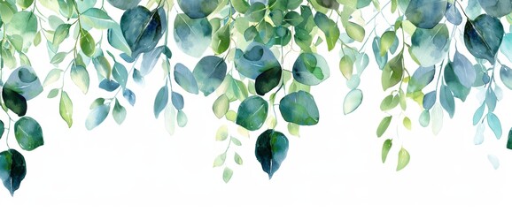 Decorative watercolor leaves seamless border. Hand drawn botanical illustration isolated on white. Transparent eucalyptus branches design with transparent leaves.