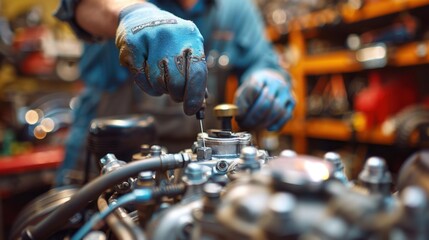 Obraz premium A mechanic wearing blue gloves is repairing a part of a car engine in an auto repair shop, with various tools and equipment in the background.