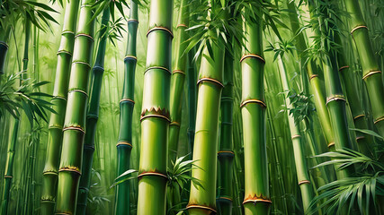 Obraz premium Tall tropical bamboo wall mural painted art. Generative AI