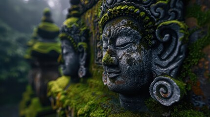 Fototapeta premium Guardian statues at a temple entrance covered in moss and fog, a mystical fusion of history and natural elements